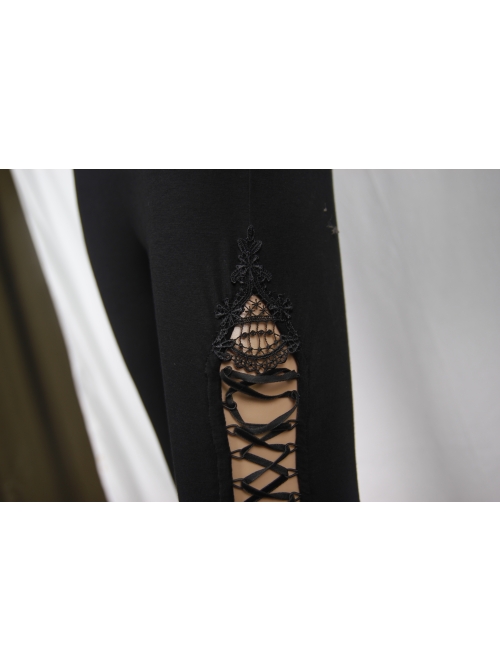 Side Hollow-Out Lace-Up Slit Lace Hem Black Gothic Legging