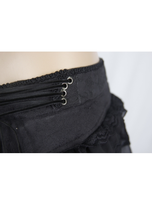 Front Buckle Back Waist Lace-Up Chiffon Lace Hem Black Gothic Short Pants