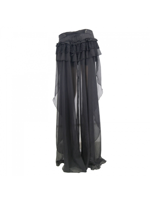 Front Buckle Back Waist Lace-Up Chiffon Lace Hem Black Gothic Short Pants