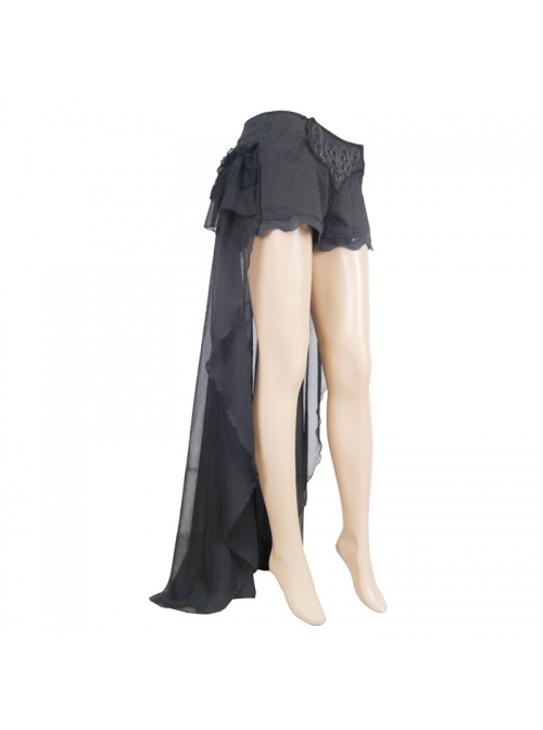 Front Buckle Back Waist Lace-Up Chiffon Lace Hem Black Gothic Short Pants