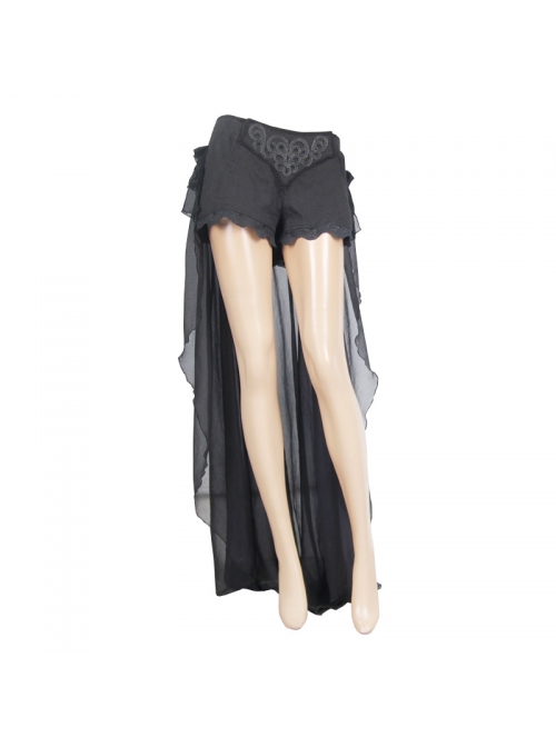 Front Buckle Back Waist Lace-Up Chiffon Lace Hem Black Gothic Short Pants