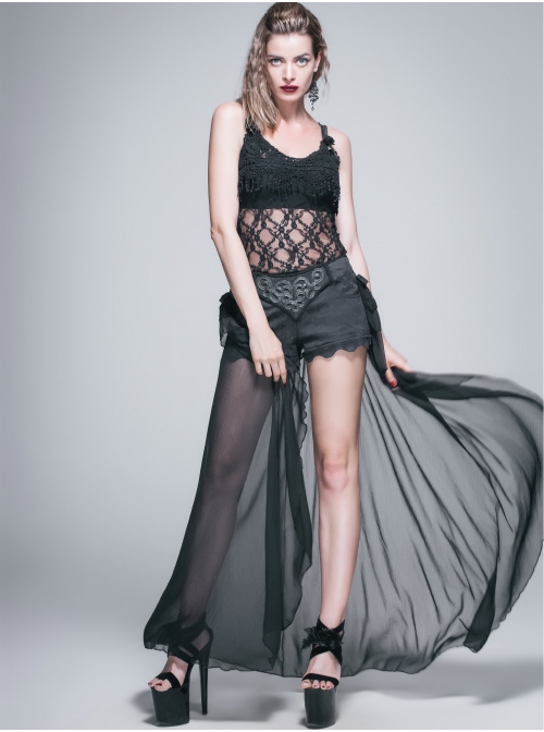 Front Buckle Back Waist Lace-Up Chiffon Lace Hem Black Gothic Short Pants