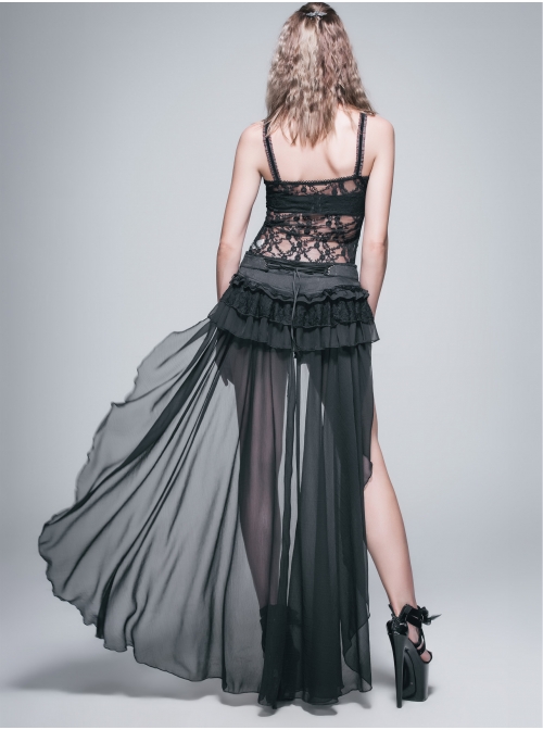 Front Buckle Back Waist Lace-Up Chiffon Lace Hem Black Gothic Short Pants