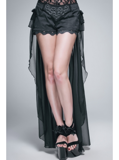 Front Buckle Back Waist Lace-Up Chiffon Lace Hem Black Gothic Short Pants