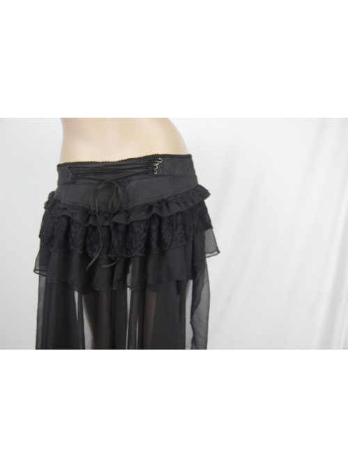 Front Buckle Back Waist Lace-Up Chiffon Lace Hem Black Gothic Short Pants