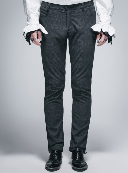 Side Braided Strap Black Gothic Jacquard Trousers