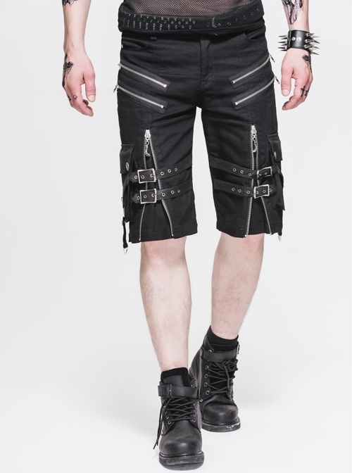 Metal Zipper Decoration Metal Buckle Leather Leg Loop Black Punk Middle Pants