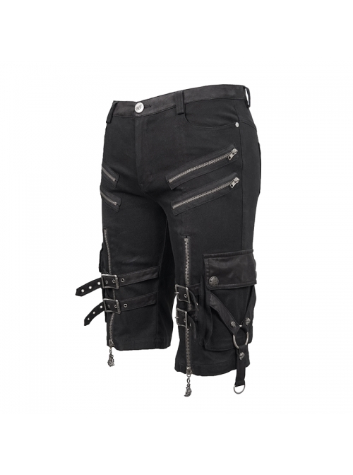 Metal Zipper Decoration Metal Buckle Leather Leg Loop Black Punk Middle Pants