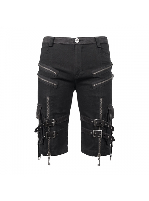 Metal Zipper Decoration Metal Buckle Leather Leg Loop Black Punk Middle Pants