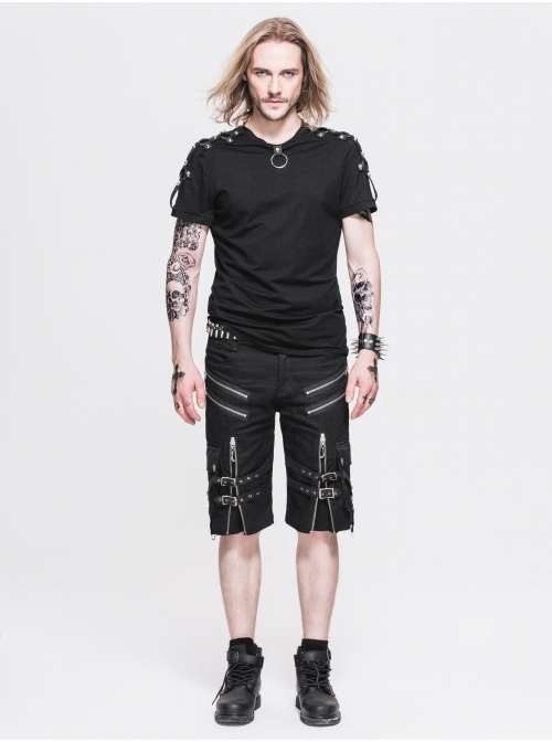 Metal Zipper Decoration Metal Buckle Leather Leg Loop Black Punk Middle Pants
