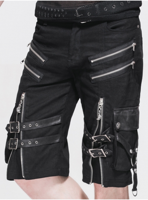 Metal Zipper Decoration Metal Buckle Leather Leg Loop Black Punk Middle Pants