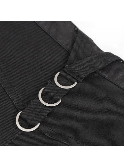 Metal Zipper Decoration Metal Buckle Leather Leg Loop Black Punk Middle Pants