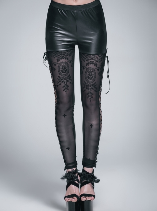 Side Hollow-Out Lace-Up Black Gothic Positioned Flower Flocking Mesh Legging