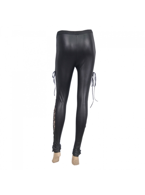 Side Hollow-Out Lace-Up Black Gothic Positioned Flower Flocking Mesh Legging