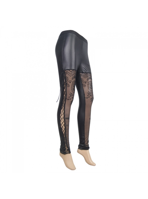 Side Hollow-Out Lace-Up Black Gothic Positioned Flower Flocking Mesh Legging