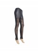 Side Hollow-Out Lace-Up Black Gothic Positioned Flower Flocking Mesh Legging