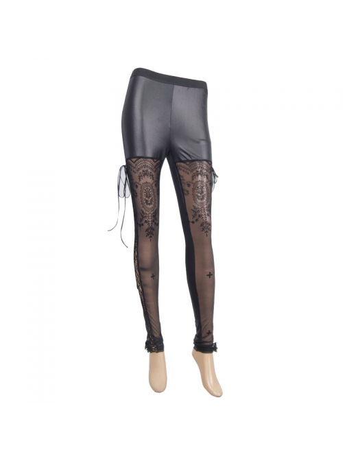 Side Hollow-Out Lace-Up Black Gothic Positioned Flower Flocking Mesh Legging
