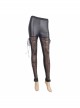 Side Hollow-Out Lace-Up Black Gothic Positioned Flower Flocking Mesh Legging
