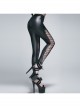 Side Hollow-Out Lace-Up Black Gothic Positioned Flower Flocking Mesh Legging