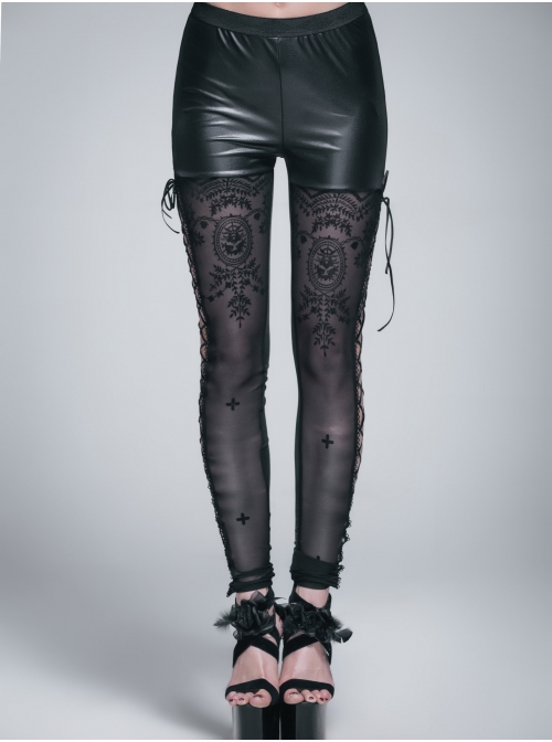Side Hollow-Out Lace-Up Black Gothic Positioned Flower Flocking Mesh Legging