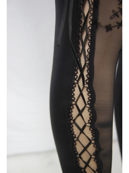Side Hollow-Out Lace-Up Black Gothic Positioned Flower Flocking Mesh Legging