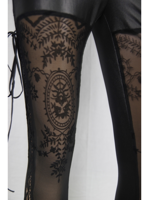 Side Hollow-Out Lace-Up Black Gothic Positioned Flower Flocking Mesh Legging