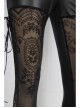 Side Hollow-Out Lace-Up Black Gothic Positioned Flower Flocking Mesh Legging