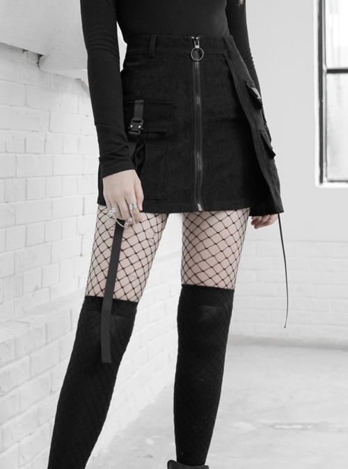 Steam Punk Female Black Zipper Strap High Waist Short Skirt