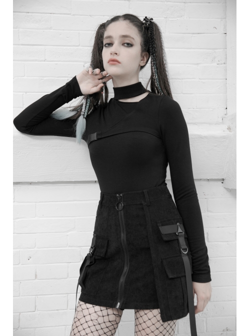 Steam Punk Female Black Zipper Strap High Waist Short Skirt