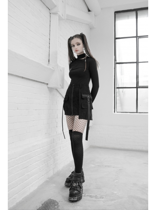 Steam Punk Female Black Zipper Strap High Waist Short Skirt