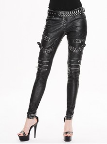 Metal Zipper Decoration Metal Buckle Leather Leg Loop Black And Silver Punk Leather Pants