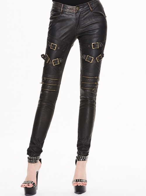 Metal Zipper Decoration Metal Buckle Leather Leg Loop Black And Bronze Punk Leather Pants