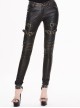 Metal Zipper Decoration Metal Buckle Leather Leg Loop Black And Bronze Punk Leather Pants