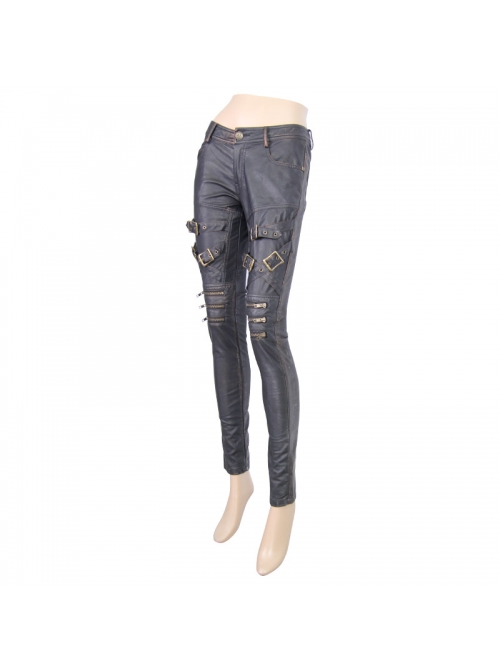 Metal Zipper Decoration Metal Buckle Leather Leg Loop Black And Bronze Punk Leather Pants