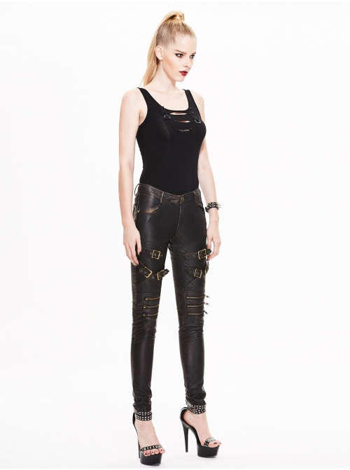 Metal Zipper Decoration Metal Buckle Leather Leg Loop Black And Bronze Punk Leather Pants