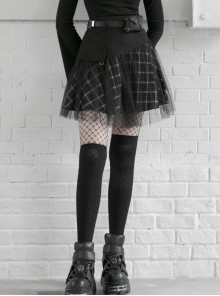 Steam Punk Female Casual Black White Lattice Mesh Stitching Skirt