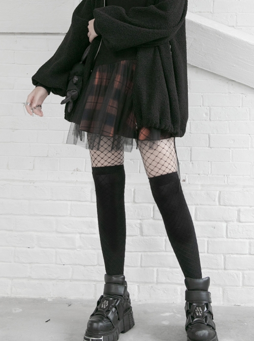 Steam Punk Female Black Vermilion Lattice Mesh Stitching Skirt