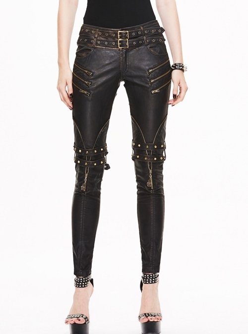 Metal Eyelets Belt Metal Buckle Leg Loop Brown Punk Hand-Rubbed Leather Pants