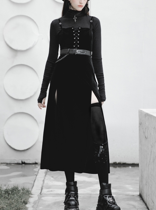 Steam Punk Female Black Velvet High Waist Binding Strap Dress
