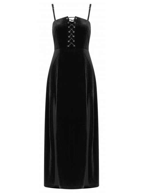 Steam Punk Female Black Velvet High Waist Binding Strap Dress