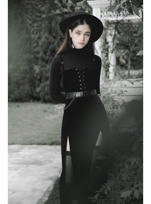 Steam Punk Female Black Velvet High Waist Binding Strap Dress