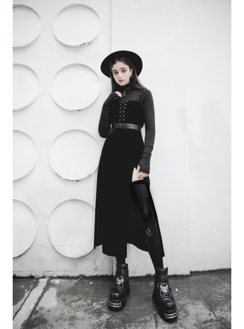 Steam Punk Female Black Velvet High Waist Binding Strap Dress
