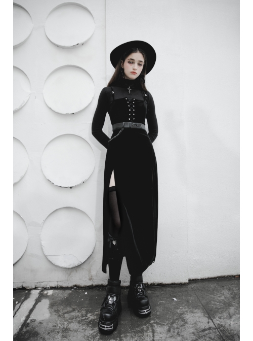 Steam Punk Female Black Velvet High Waist Binding Strap Dress