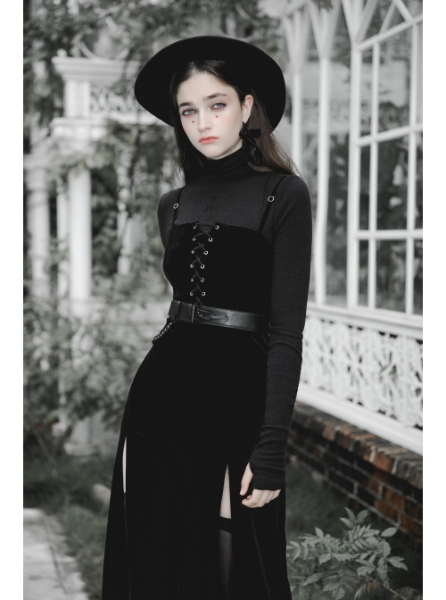 Steam Punk Female Black Velvet High Waist Binding Strap Dress - Magic  Wardrobes