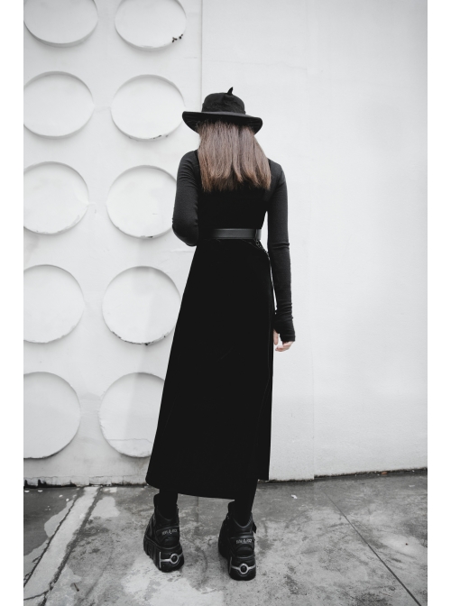 Steam Punk Female Black Velvet High Waist Binding Strap Dress
