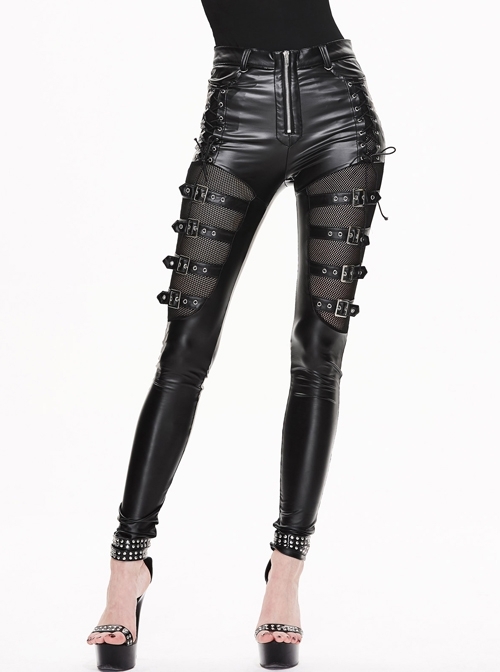 Front Splice Mesh Metal Buckle Leg Loop Black Punk PU Leather Pants