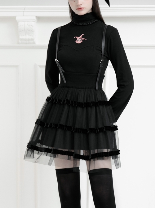 Steam Punk Female Black Mesh STitching Strap High Waist Dress