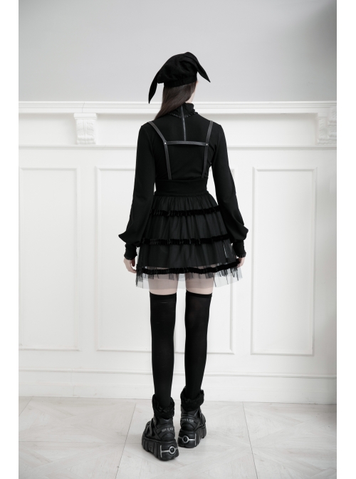 Steam Punk Female Black Mesh STitching Strap High Waist Dress