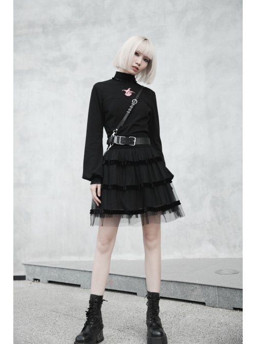 Steam Punk Female Black Mesh STitching Strap High Waist Dress