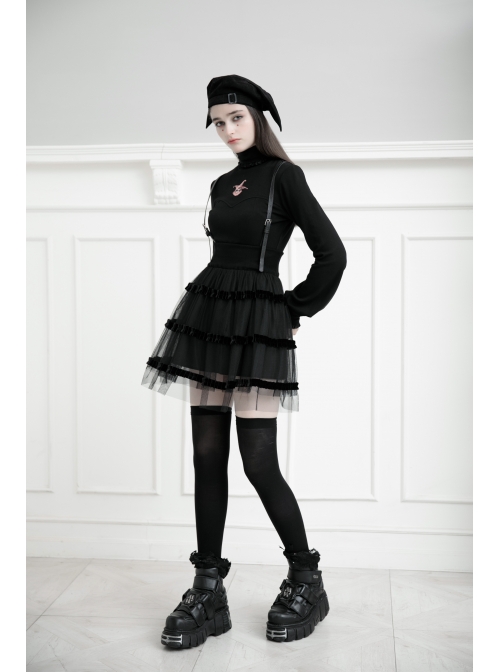 Steam Punk Female Black Mesh STitching Strap High Waist Dress